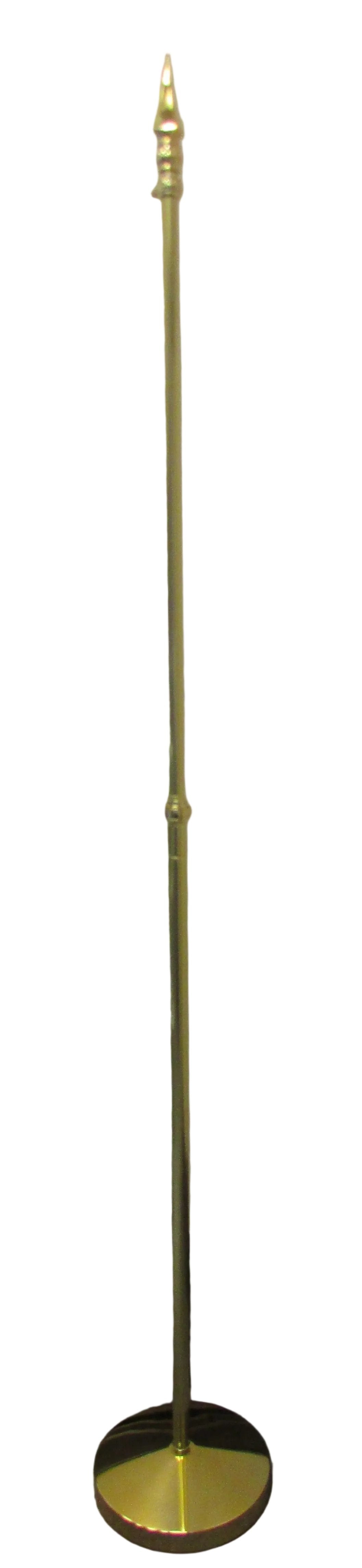A free-standing gold flag pole with adjustable height, displaying a small flag at the top.